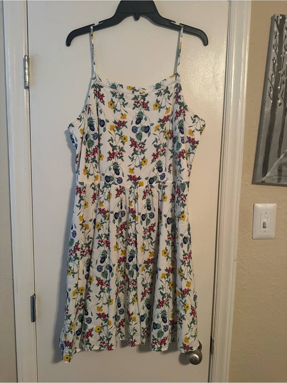 Old Navy woman’s White Floral Sundress with Blue and Yellow Blossoms